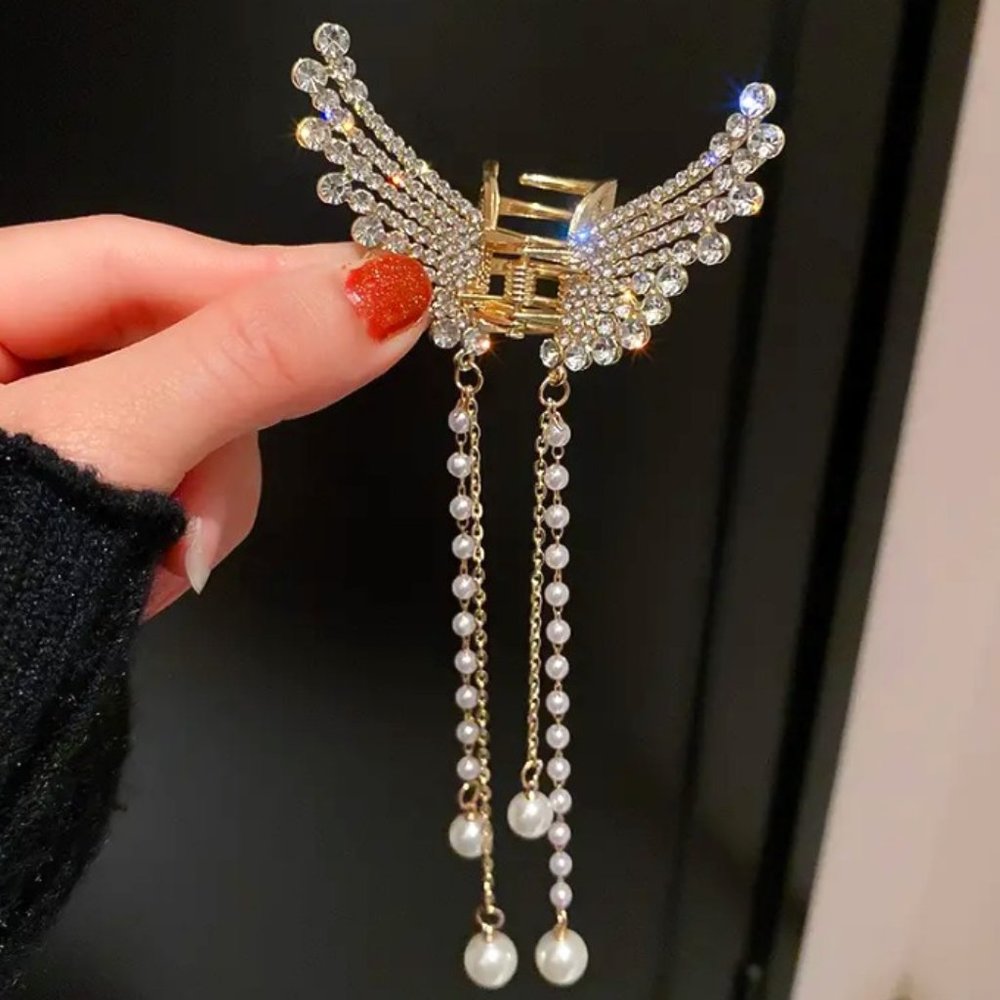 RHINESTONE ANGEL WING HAIR CLIP WITH TASSELS in Gold